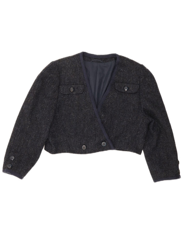 Vintage Womens 3/4 Sleeve Bolero Jacket UK 12 Medium Navy Blue Herringbone