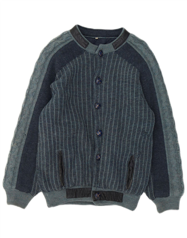 Vintage Mens Knit Bomber Jacket IT 48 Medium Navy Blue Striped Acrylic