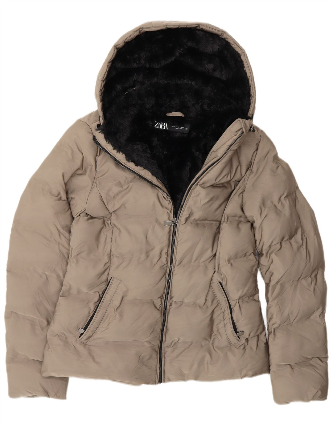 Zara Womens Hooded Sherpa Padded Jacket UK 10 Small Grey Polyester