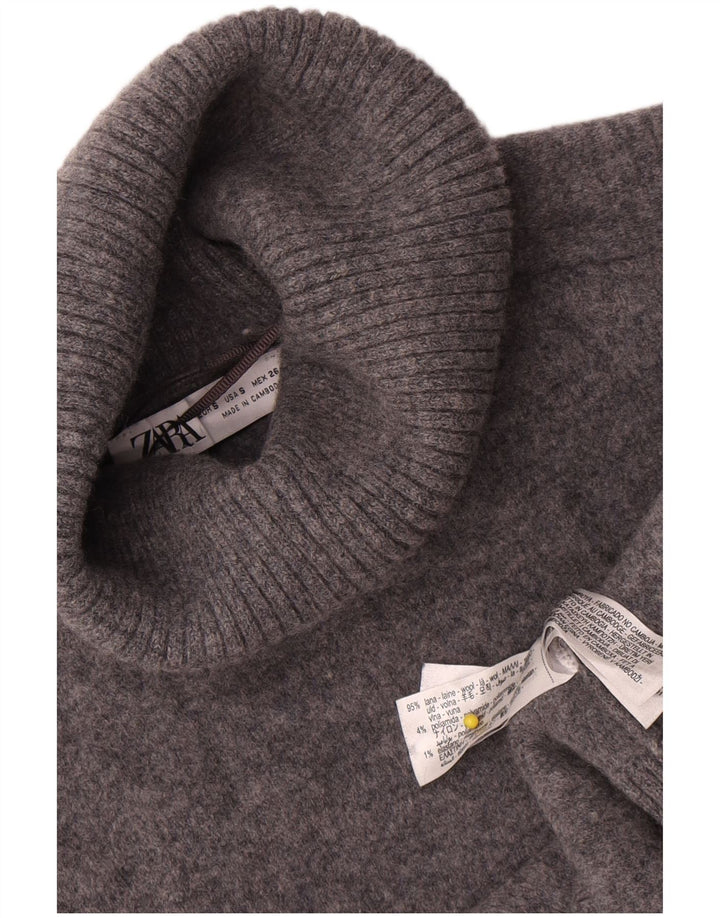 Zara Womens Crop Oversized Roll Neck Jumper Sweater UK 10 Small Grey Wool