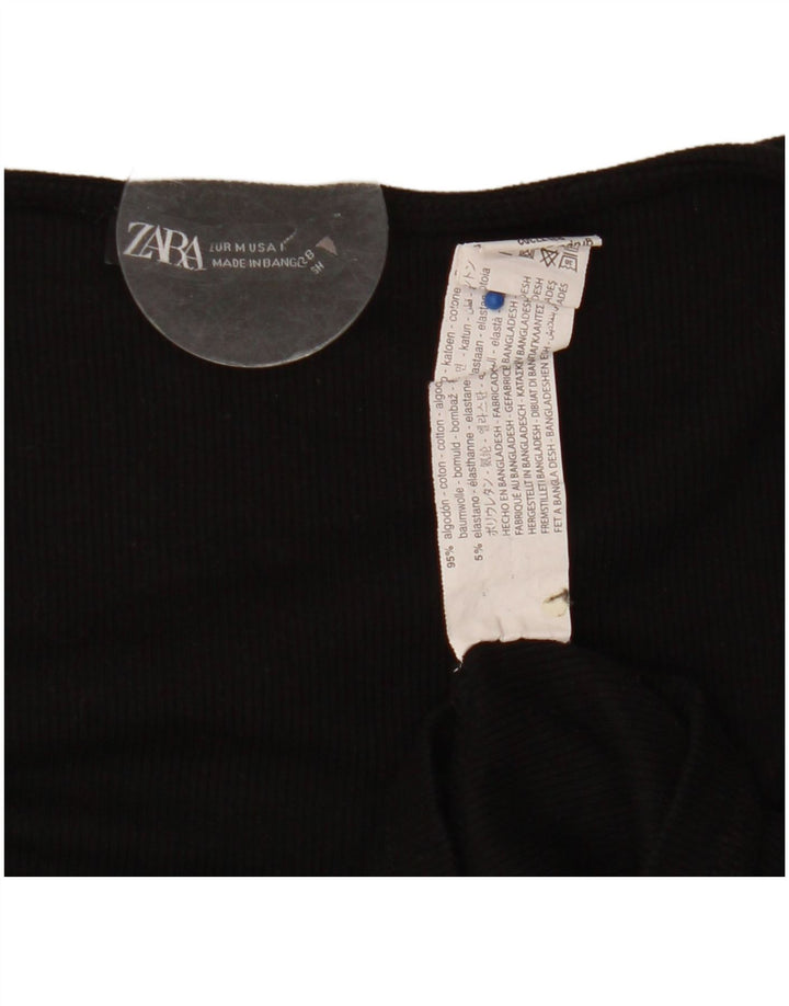 Zara Womens Crop Front Tie Top Long Sleeve UK 12 Medium Black Cotton