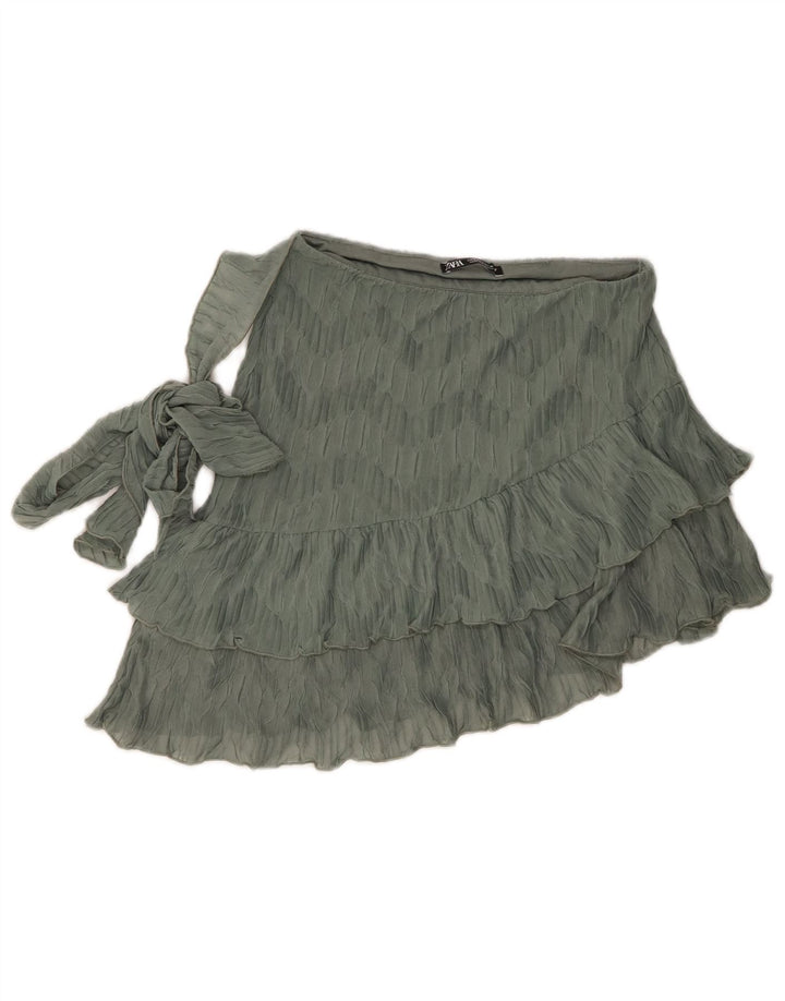Zara Dame Mini Tiered Nederdel Small W26 Grøn Polyester