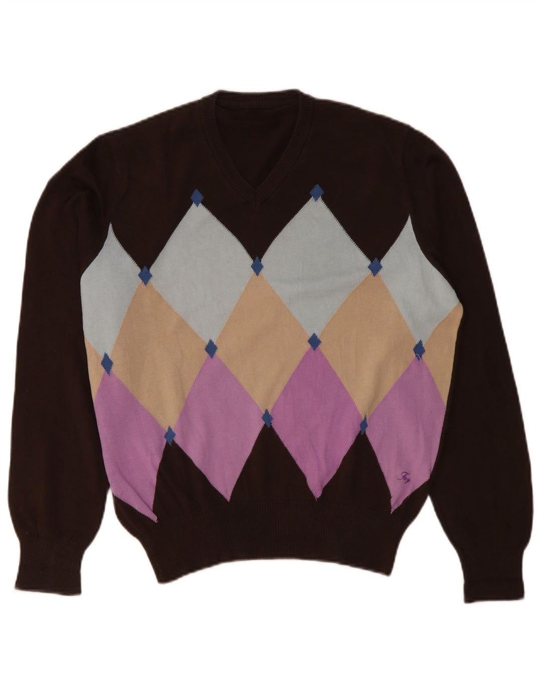 Fay Mens V-Neck Jumper Sweater Large Brown Argyle/Diamond