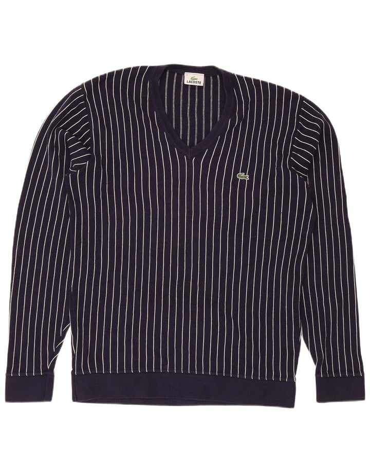 Lacoste Mens V-Neck Jumper Sweater Size 4 Medium Navy Blue Striped
