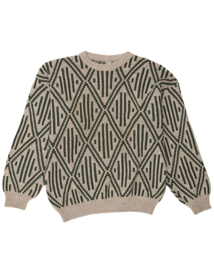Vintage herre rund hals sweater mellemgrå geometrisk akryl