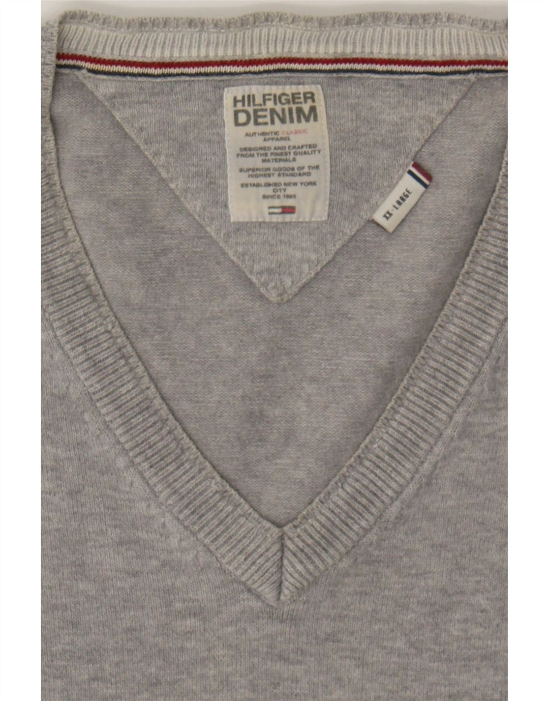 TOMMY HILFIGER Mens V-Neck Jumper Sweater 2XL Grey Vintage Tommy Hilfiger and Second-Hand Tommy Hilfiger from Messina Hembry 