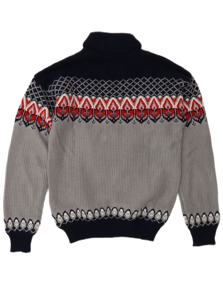 Vintage Mens Roll Neck Jumper Sweater Medium Blue Fair Isle Acrylic