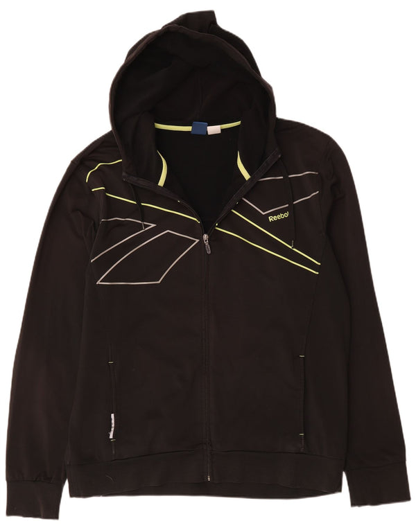 Felpa con cappuccio con zip grafica da uomo Reebok, grande poliestere gessato nero