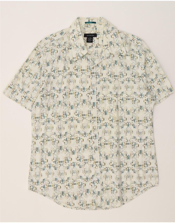 CALVIN KLEIN JEANS Mens Grant Fit Abstract Pattern Shirt Large White