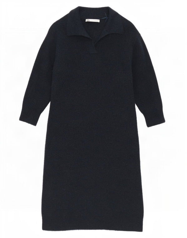 Zara Womens Long Sleeve Jumper Dress UK 10 Small Navy Blue Acrylic