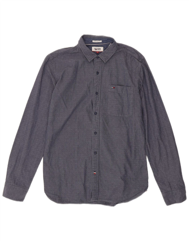 TOMMY HILFIGER Herren-Hemd mit normaler Passform, mittelmarineblau gefleckte Baumwolle