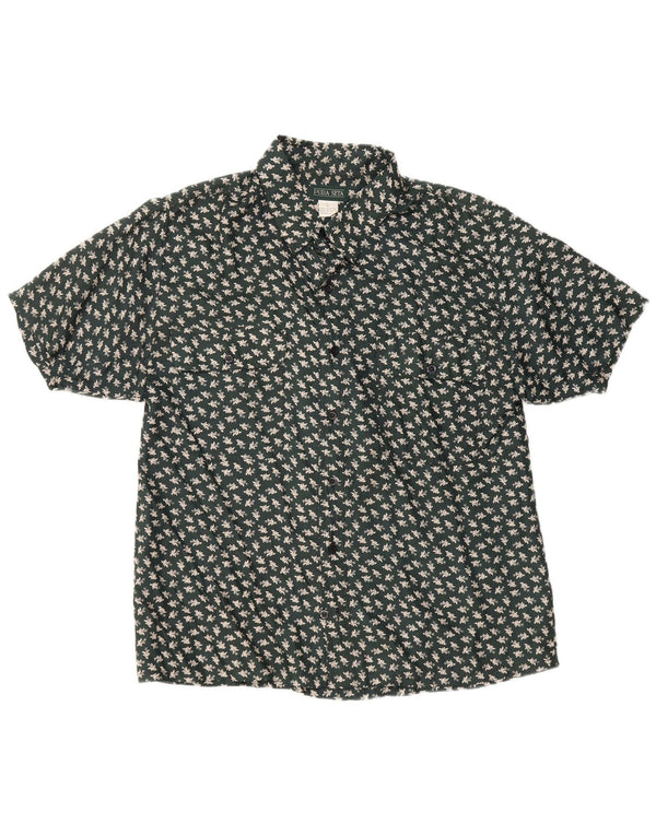 Camisa masculina vintage de manga curta grande seda floral verde