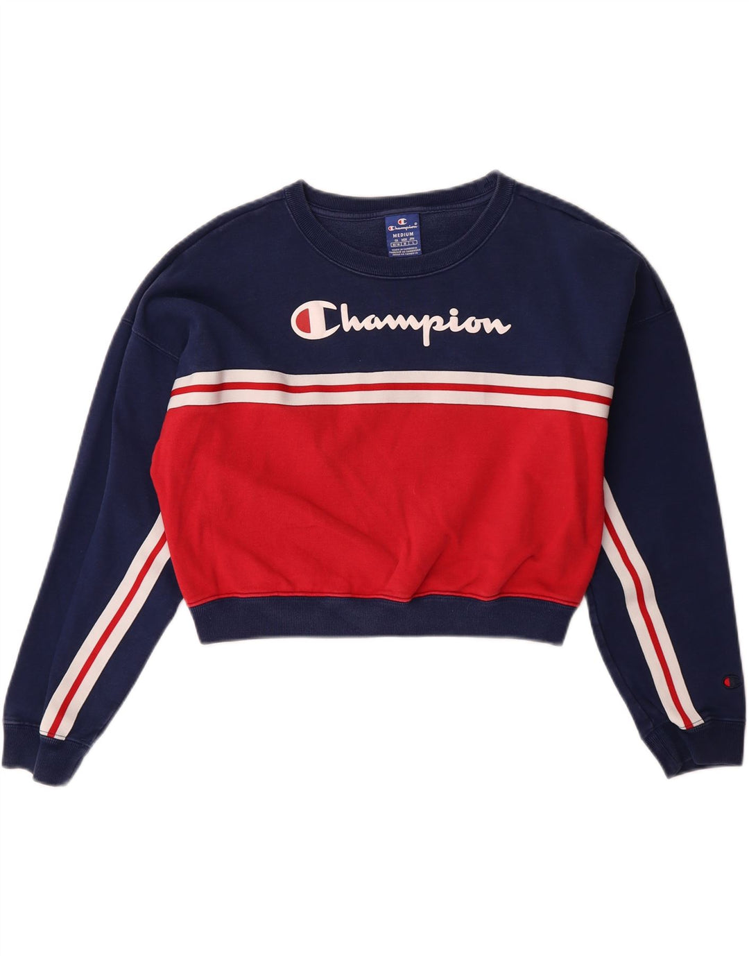 CHAMPION Womens Oversized Graphic Sweatshirt Jumper UK 14 Medium Navy Blue Vintage Champion and Second-Hand Champion from Messina Hembry 