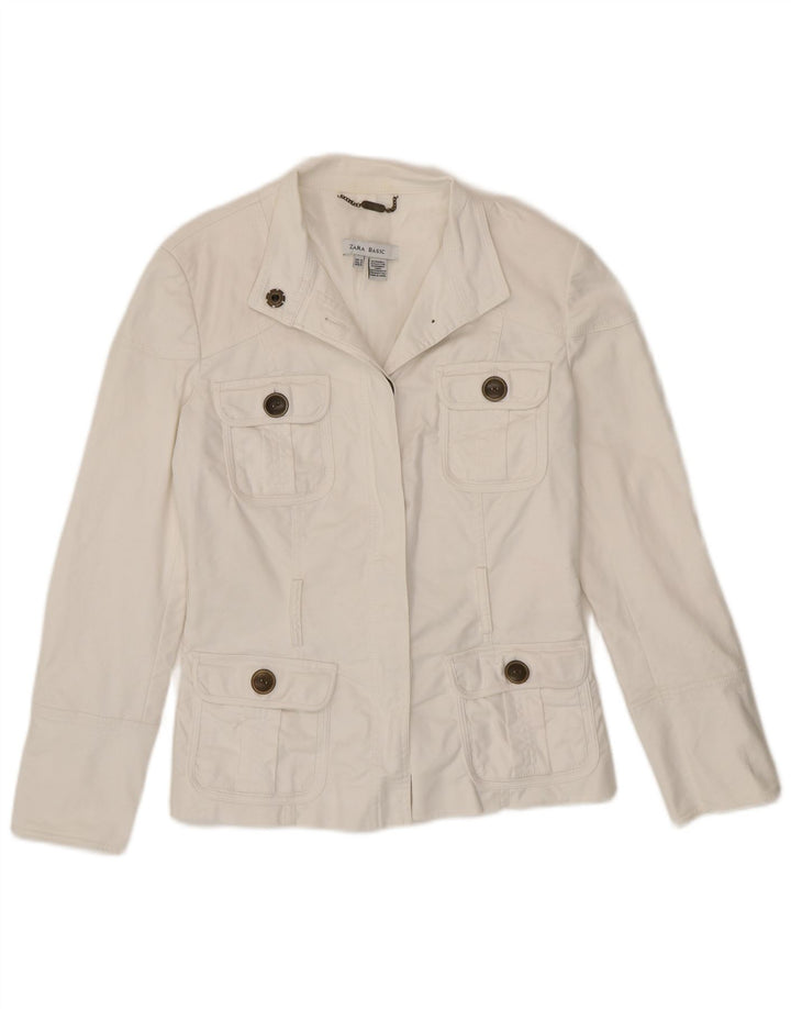 Zara Womens Utility Blazer Jacket Reino Unido 12 Médio Algodão Branco