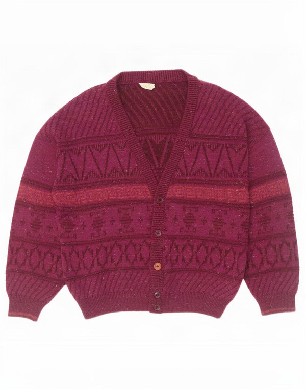 Sweter męski rozpinany w stylu vintage UK 46 XL Burgundowa, geometryczna wełna