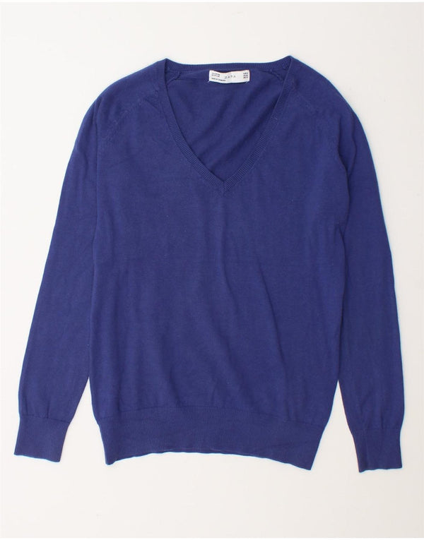 Zara Damen-Pullover mit V-Ausschnitt, Gr. 18, XL, blaue Baumwolle