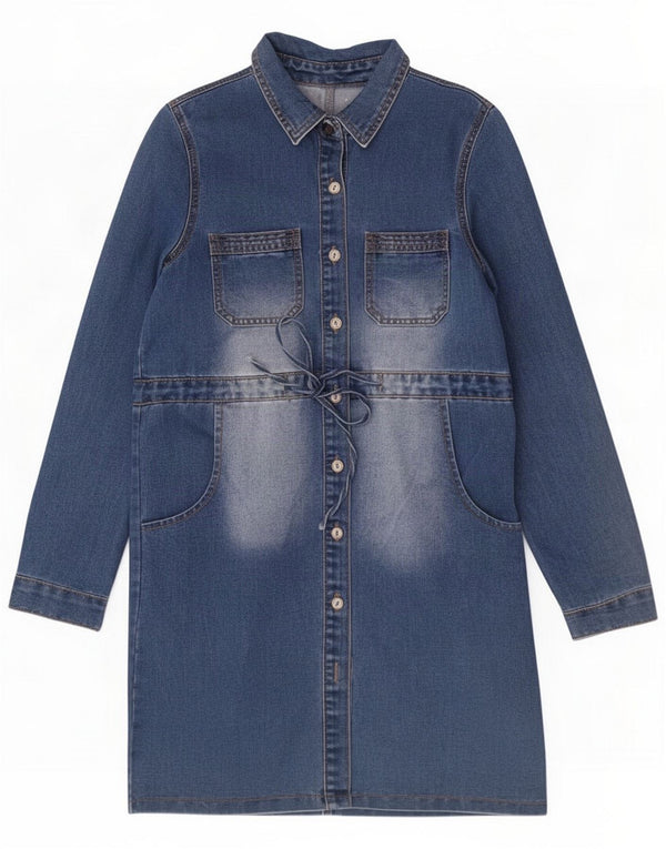 Vintage Dame Langærmet Skjortekjole UK 18 XL Blå Bomuld