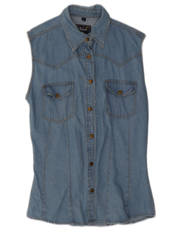 Vintage Womens Sleeveless Denim Shirt UK 14 Large Blue Cotton
