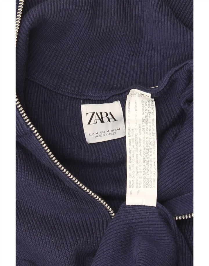 Zara Herre Zip Neck Jumper Sweater Medium Navy Blue Bomuld