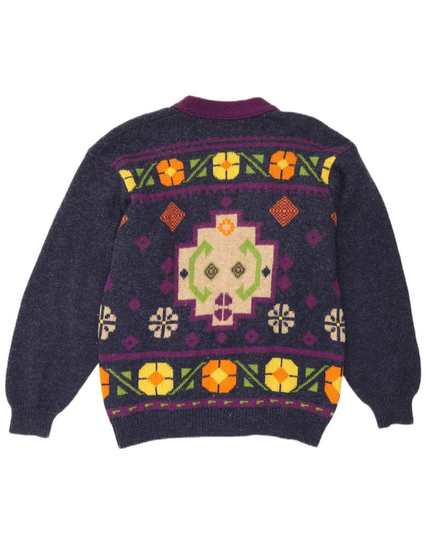 Benetton Womens Cardigan Sweater UK 14 Medium Navy Blue Geometric Retro