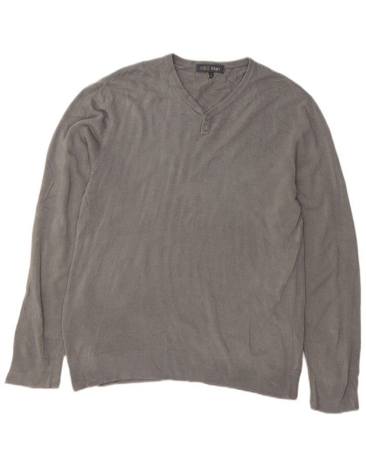Marks & Spencer Mens V-Neck Jumper Sweater Large Grey Acrylic