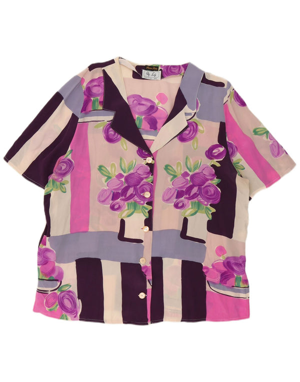 Camicetta vintage da donna a maniche corte UK 18 XL Seta floreale viola