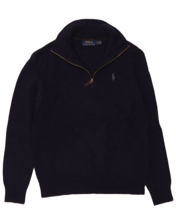 Polo Ralph Lauren Dame Zip Neck Jumper Sweater UK 10 Small Navy Blue Wool