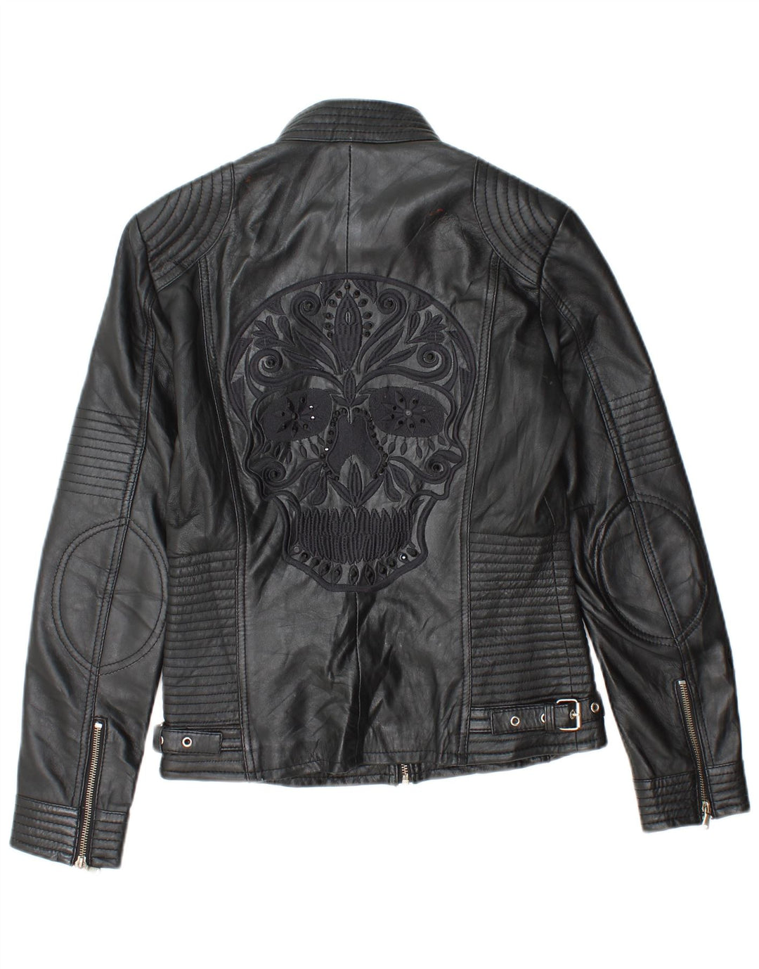 Vintage Womens Graphic Leather Biker Jacket EU 38 Medium Black Leather