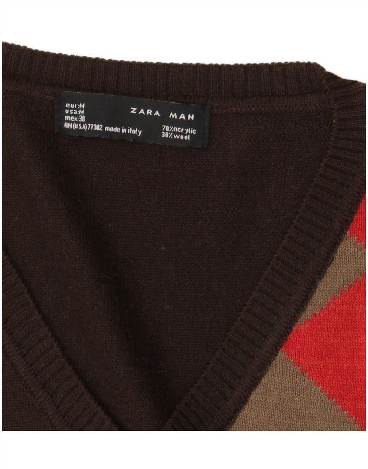 Maglione Zara da uomo con scollo a V marrone medio a rombi/diamante