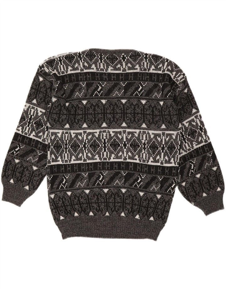 VINTAGE Mens Crew Neck Jumper Sweater Medium Grey Geometric Acrylic Vintage Vintage and Second-Hand Vintage from Messina Hembry 