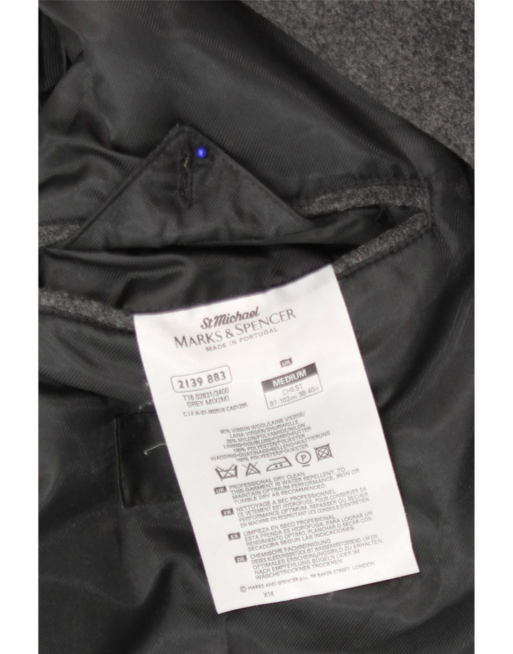 Marks & Spencer Mens Double Breasted Coat UK 38 Medium Grey Virgin Wool