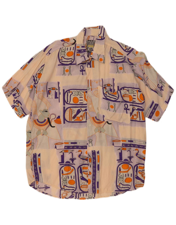 vintage Mens Graphic Chemise à manches courtes Grande Viscose Beige