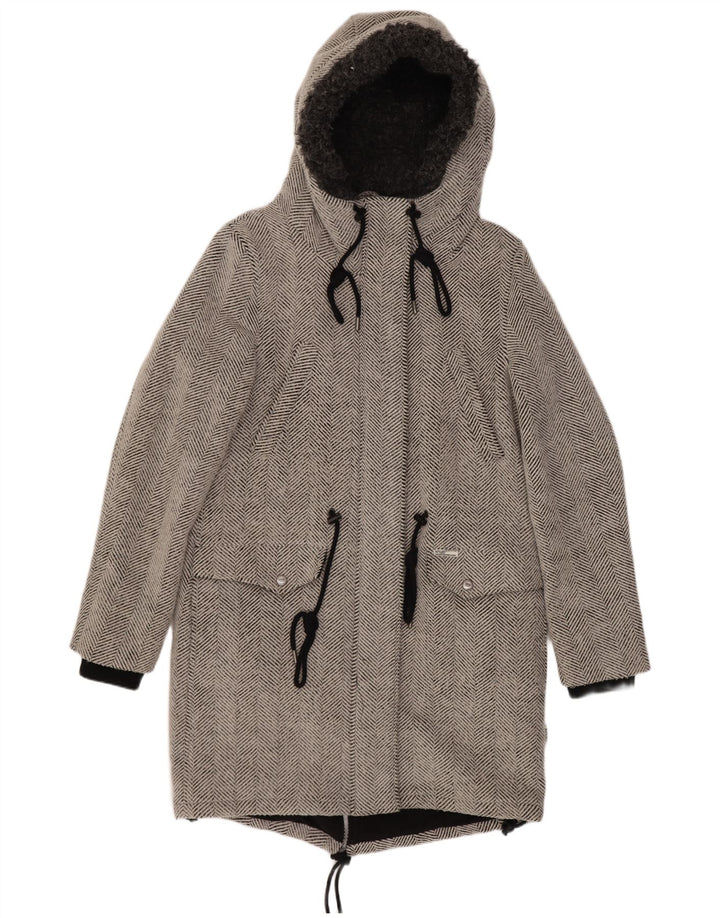 KHUJO Womens Hooded Parka Jacket UK 14 Large Grey Herringbone Polyester