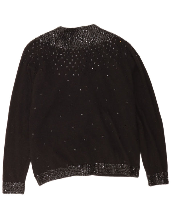 Vintage Damen Cardigan Pullover EU 48 2XL Schwarz gefleckte Lammwolle