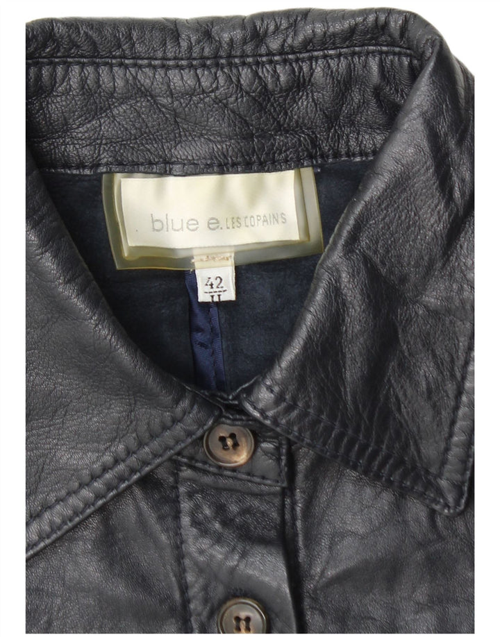 Les Copains Womens 3/4 Sleeve Leather Jacket IT 42 Medium Navy Blue Leather