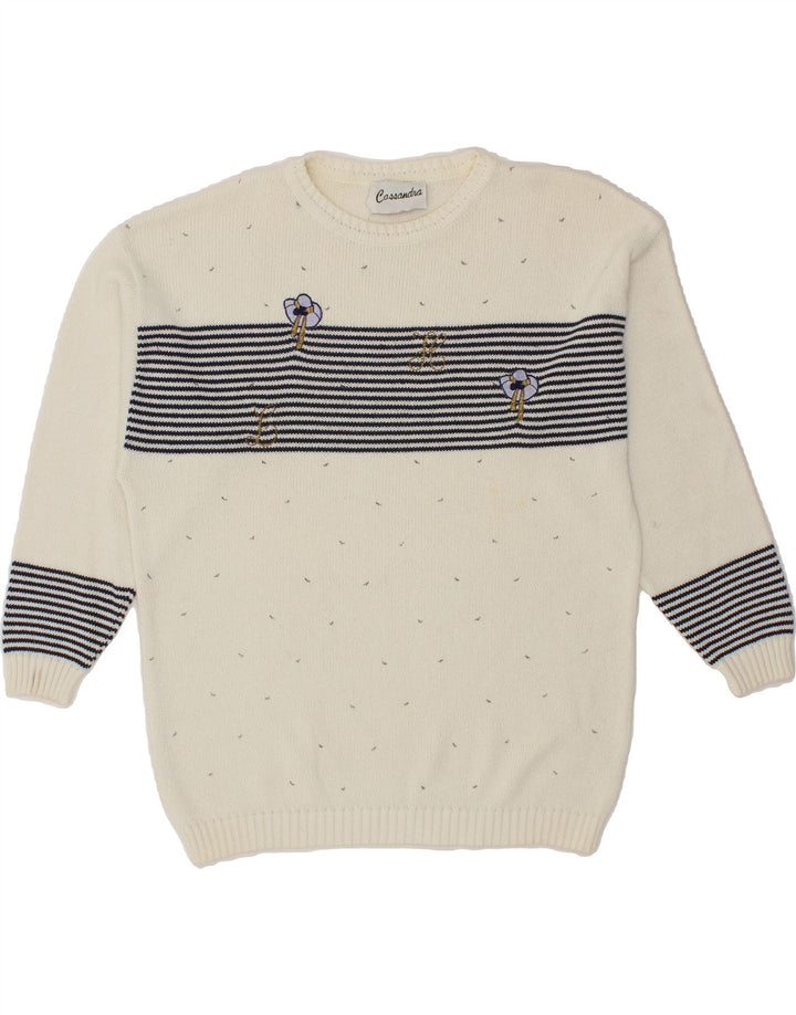 VINTAGE Womens Crew Neck Jumper Sweater EU 40 Medium Off White Striped Vintage Vintage and Second-Hand Vintage from Messina Hembry 