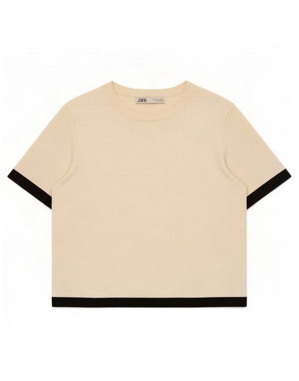Zara Womens Crop T-Shirt Top UK 10 Small Beige Colourblock Viscose