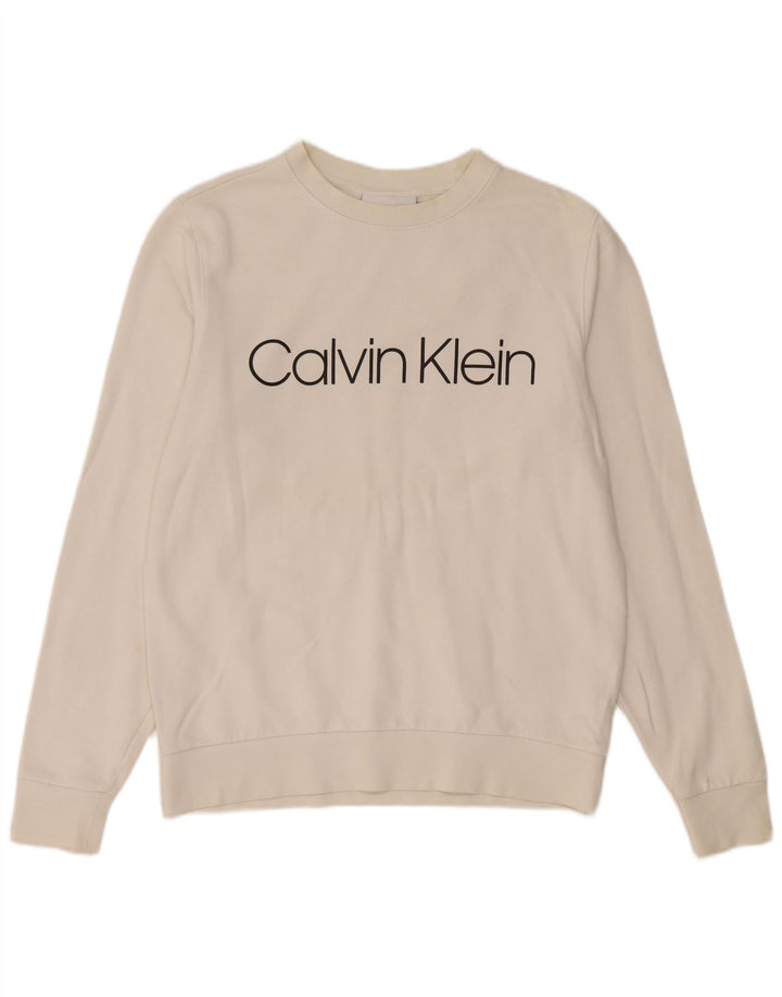 CALVIN KLEIN Mens Graphic Sweatshirt Jumper Medium White Cotton