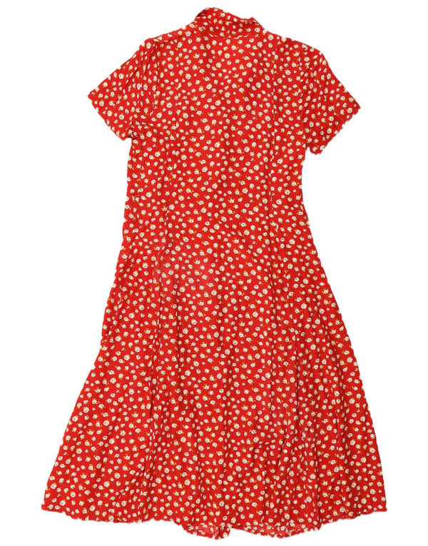 Abito camicia vintage da donna a maniche corte UK 12 rosso medio floreale