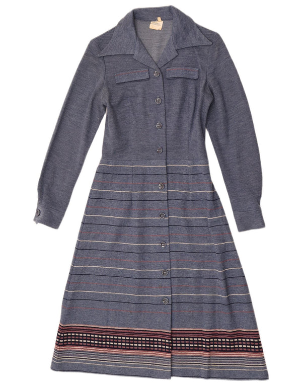 Vestido camisa feminino vintage de manga comprida UK 12 listrado azul marinho médio