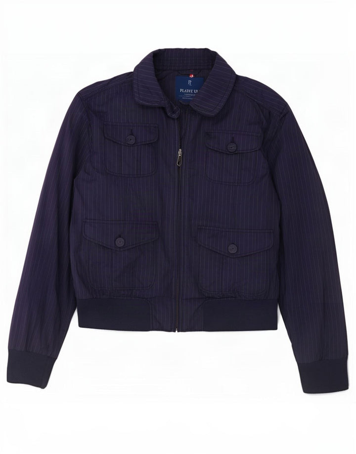 Playlife Womens Bomber Jacket UK 16 Large Bleu Marine Rayé Polyester