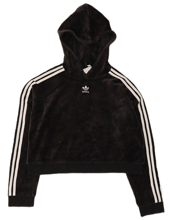 Adidas Womens Oversized Crop Velvet Hoodie Jumper UK 8 Small Black Cotton