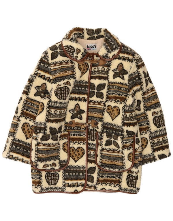 Vintage Womens Graphic Fleece Duffle Coat UK 14 Large Beige Patchwork