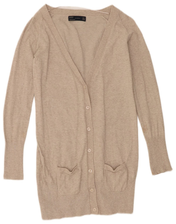 Zara Damen Longline-Cardigan-Pullover UK 10 Small Beige gesprenkelte Baumwolle