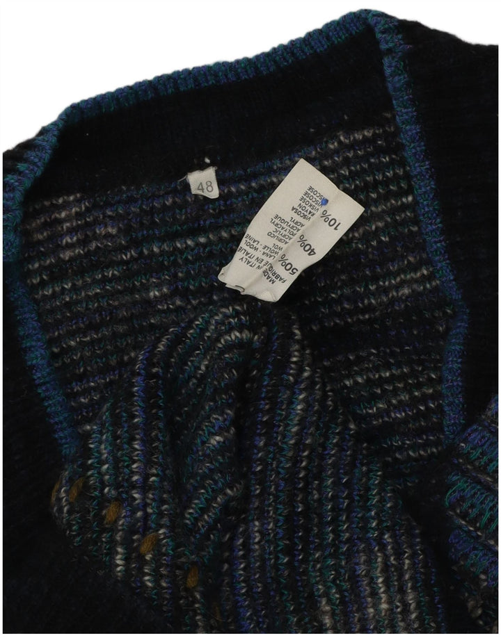 Vintage Mens V-Neck Jumper Sweater IT 48 Medium Blue Argyle/Diamond Wool