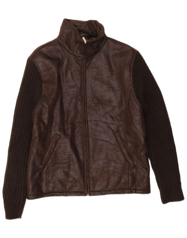 Vintage hombres chaqueta de cuero sintético Reino Unido 36 pequeño marrón colorblock poliéster