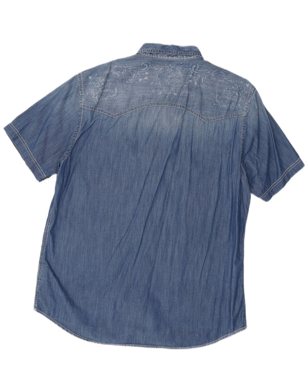 Marlboro Classics Mens Slim Fit Short Sleeve Denim Shirt 3XL Blue Paisley