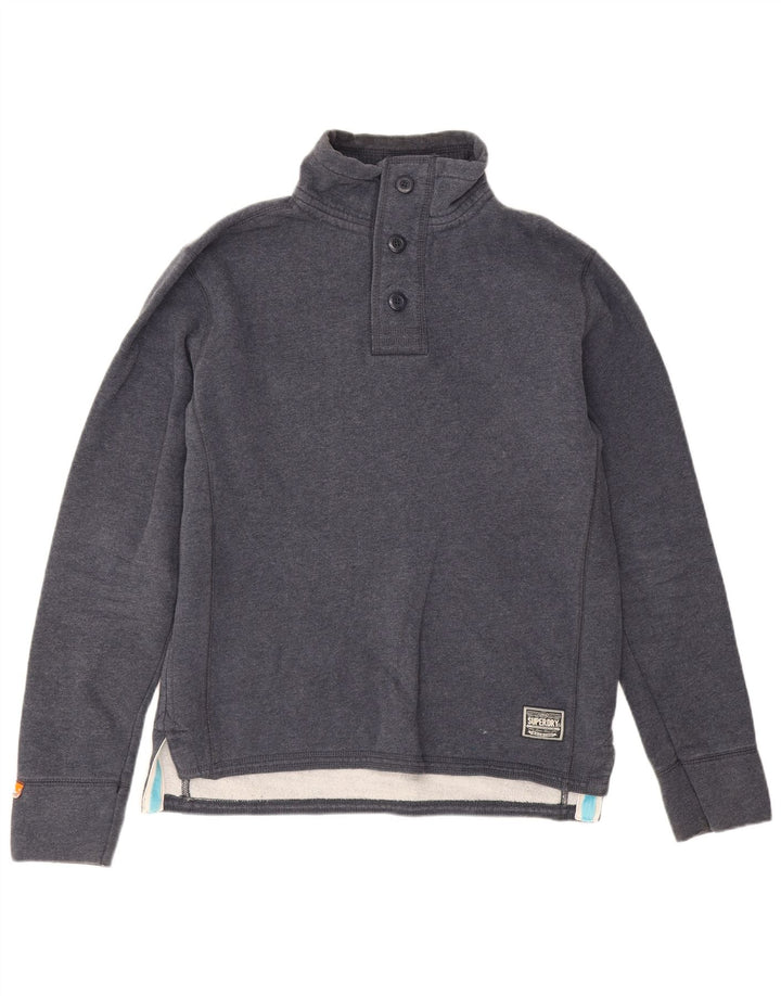 Superdry Mens Button Neck Sweatshirt Jumper Large Navy Blue Cotton