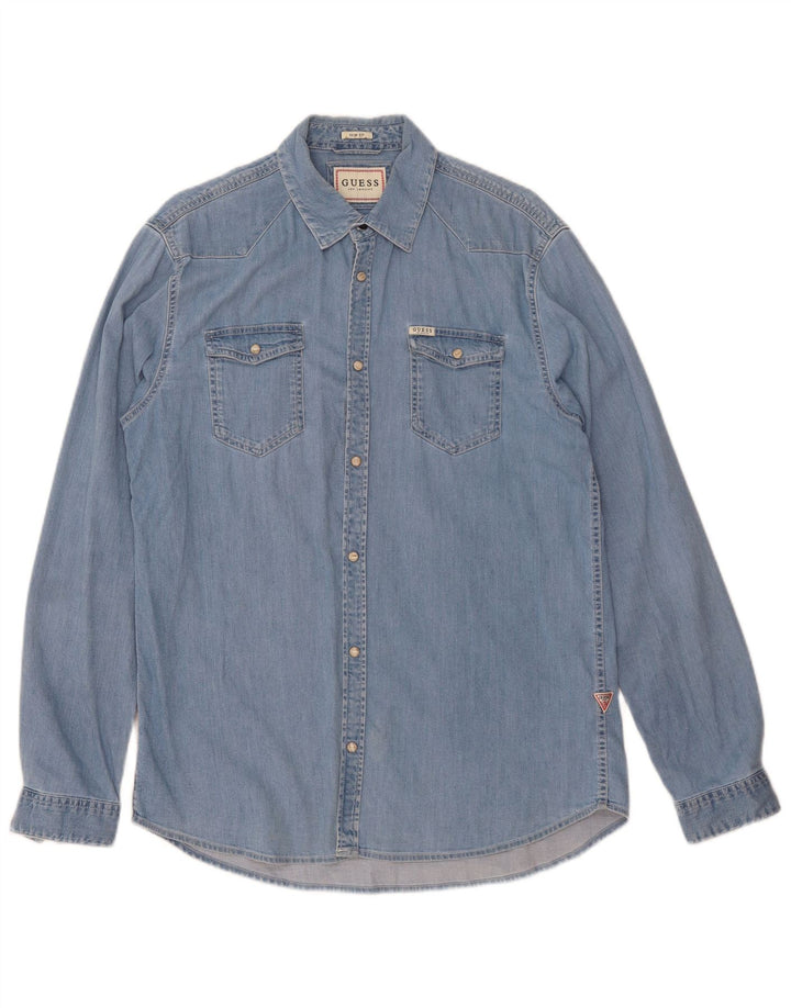 Guess Mens Slim Fit Denim Shirt Medium Blue Cotton