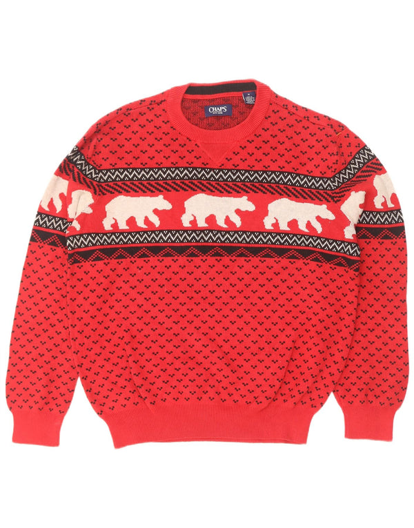 Chaps Mens Crew Neck Jumper πουλόβερ Medium Red Fair Isle